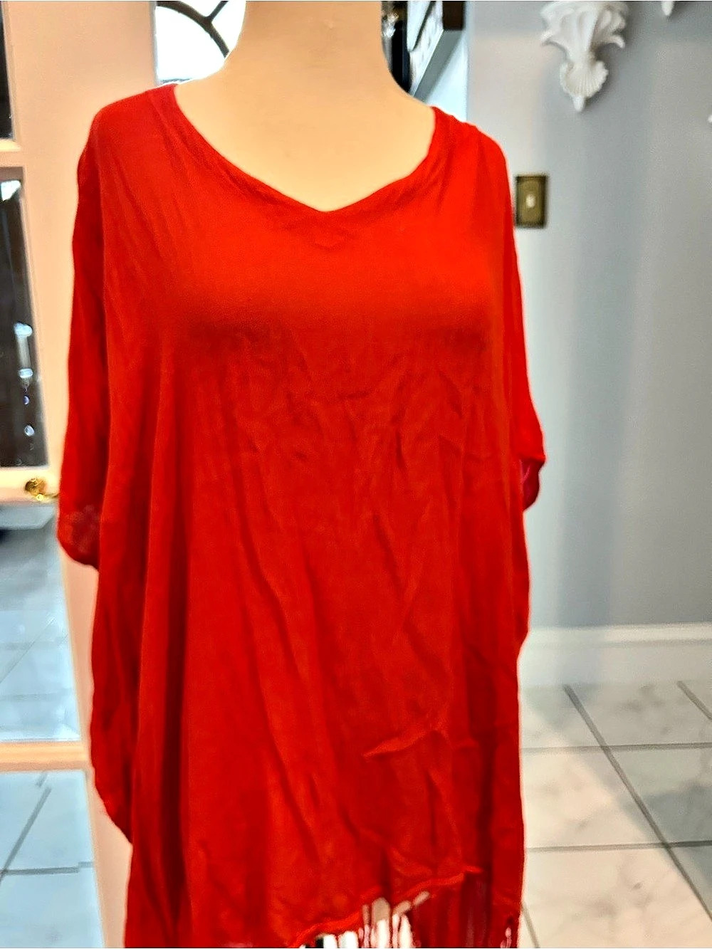 Red Fringe Swim Coverup NWT or louse poncho style
